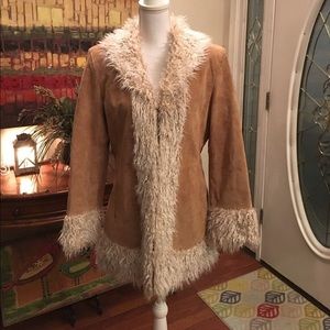 Suede coat with furry trim